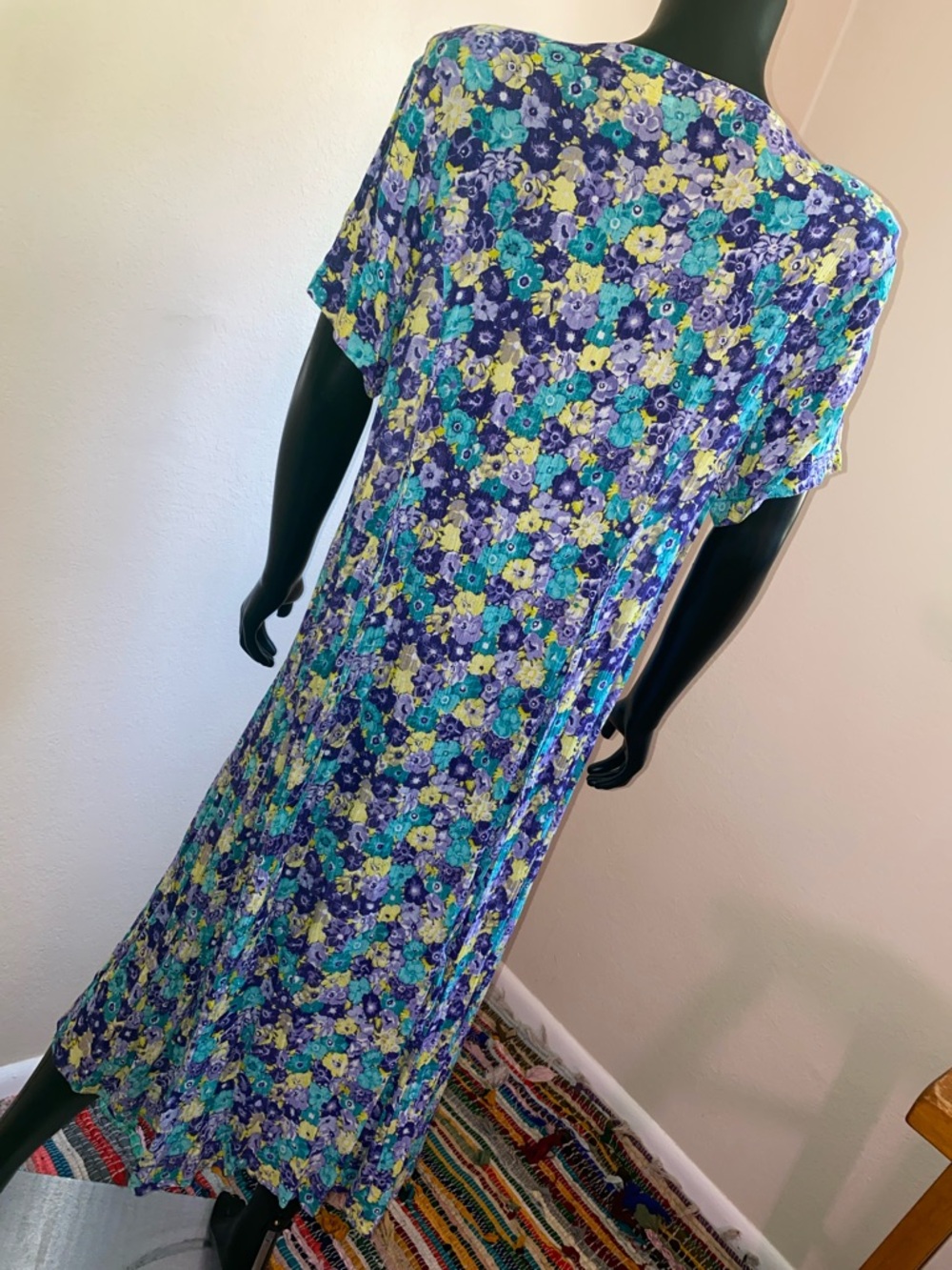 Vintage Floral Button-Front Midi Dress Tie Back Strings in Teal & Purple - Picture 8 of 11